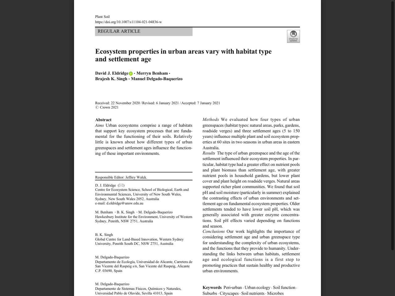Preview of Eldridge, D. J., Benham, M., Singh, B. K., & Delgado-Baquerizo, M. (2021). Ecosystem Properties in Urban Areas Vary with Habitat Type and Settlement Age. Plant and Soil, 462, 115–128.