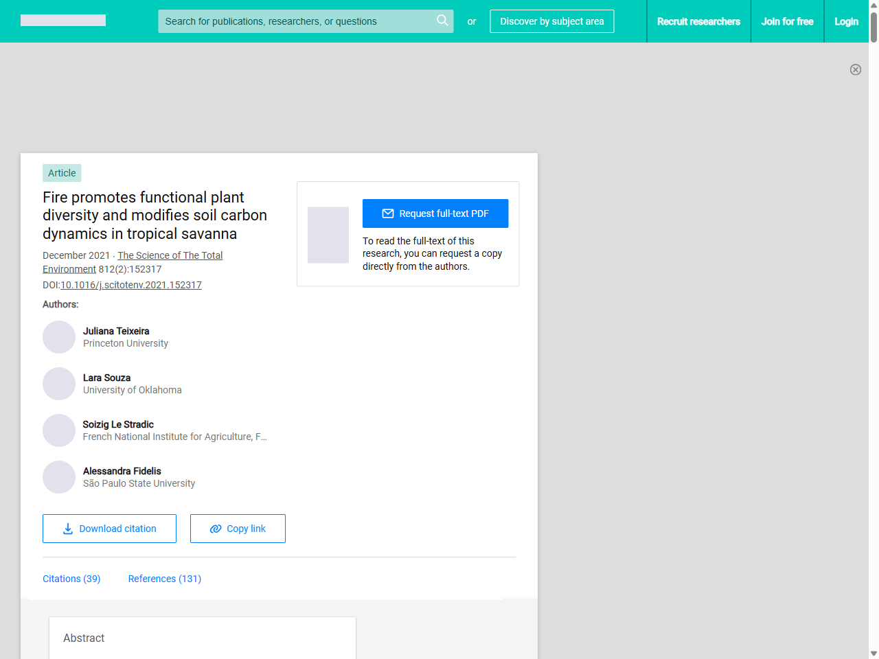Preview of Fire promotes functional plant diversity and modifies soil carbon dynamics in tropical savanna | Request PDF - ResearchGate