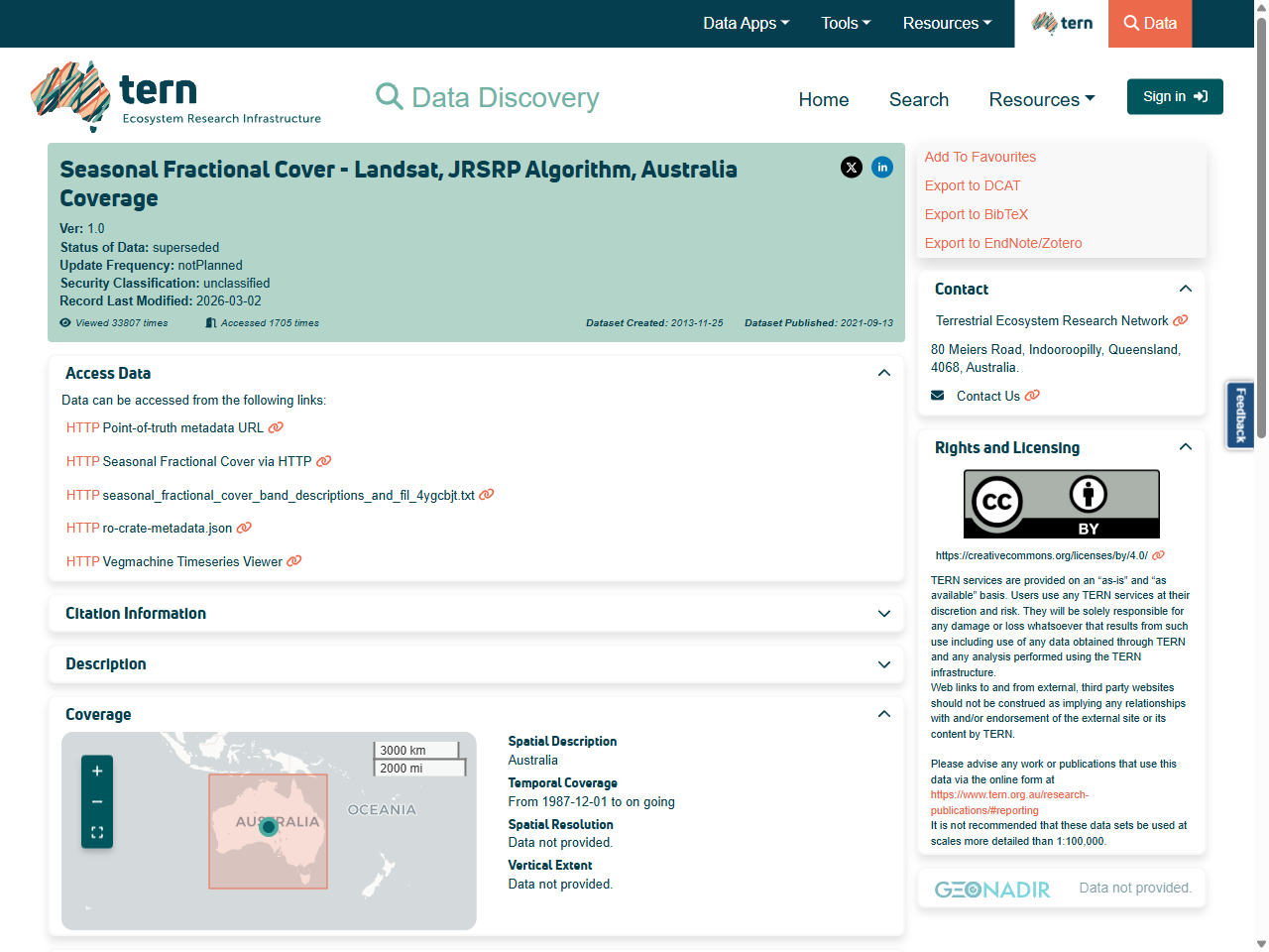 Preview of Seasonal fractional cover - Landsat, JRSRP algorithm, Australia coverage - TERN Data Discovery Portal, accessed on May 28, 2025