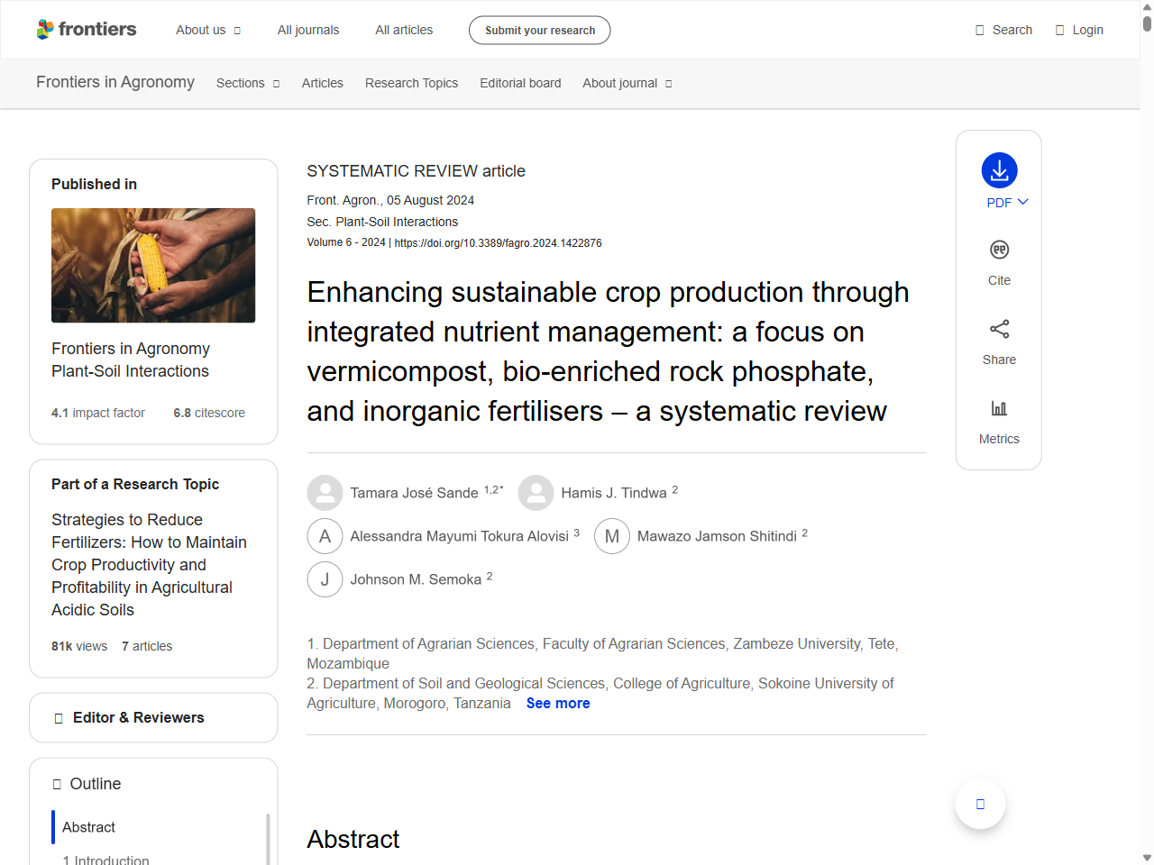 Preview of Enhancing sustainable crop production through integrated nutrient management: a focus on vermicompost, bio-enriched rock phosphate, and inorganic fertilisers – a systematic review - Frontiers