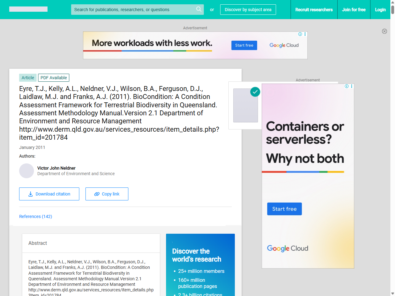 Preview of Queensland Department of Environment and Science. (Various dates for BioCondition Manual and REDD).