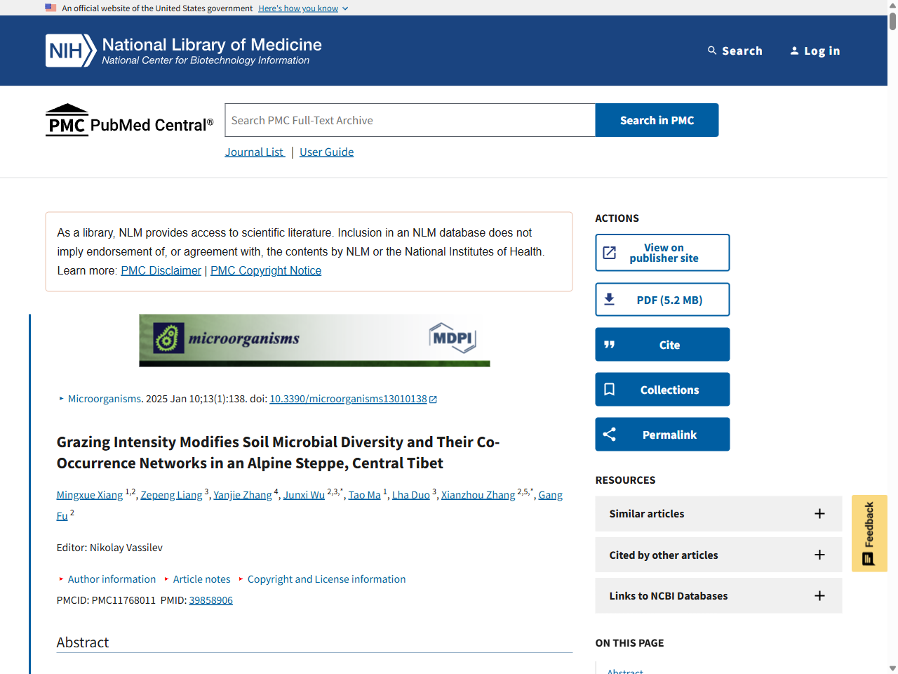 Preview of Grazing Intensity Modifies Soil Microbial Diversity and Their Co-Occurrence Networks in an Alpine Steppe, Central Tibet, accessed on June 5, 2025