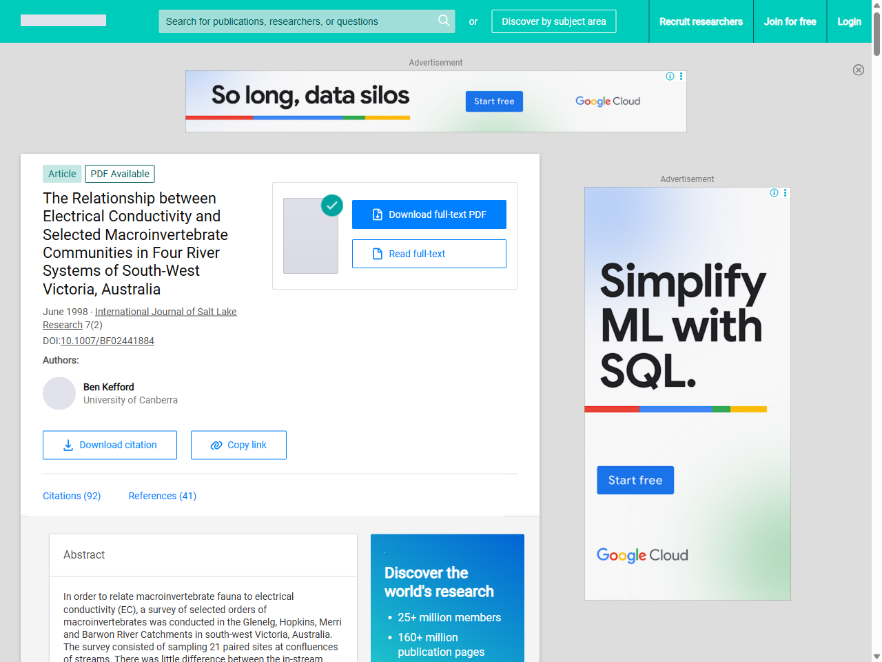 Preview of The Relationship between Electrical Conductivity and Selected Macroinvertebrate Communities in Four River Systems of South-West Victoria, Australia - ResearchGate