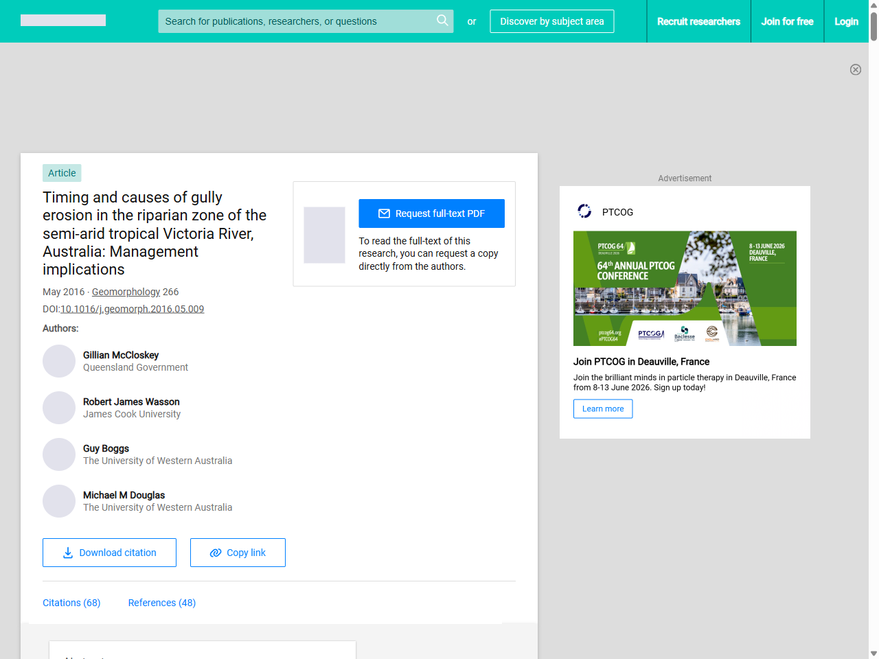 Preview of McCloskey GL, Wasson RJ, Boggs GS, Douglas MM. Timing and causes of gully erosion in the riparian zone of the semi-arid tropical Victoria River, Australia: Management implications. Geomorphology. 2016;268:149-162.