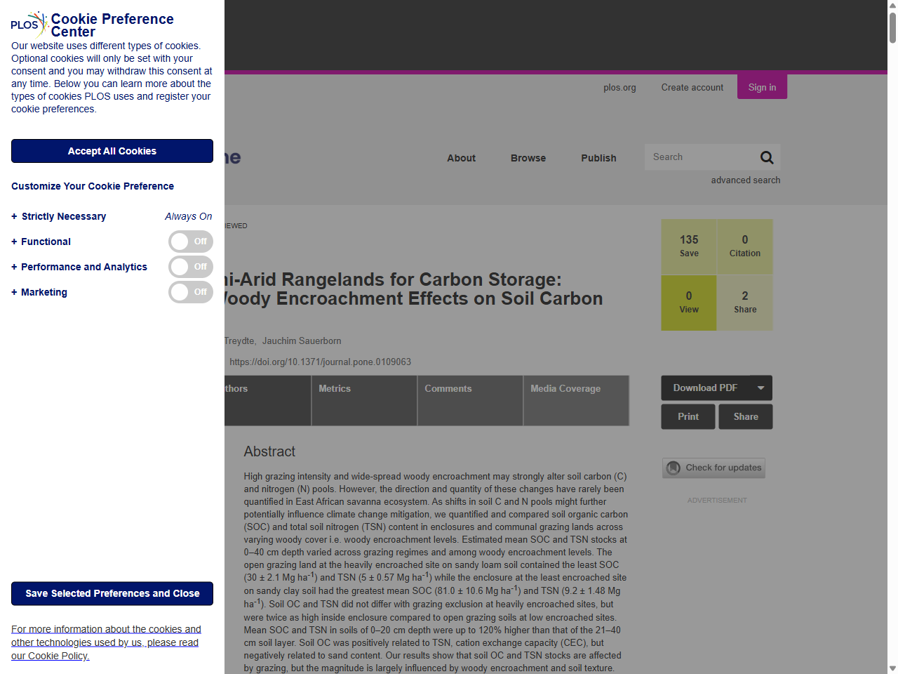 Preview of Managing Semi-Arid Rangelands for Carbon Storage: Grazing and Woody Encroachment Effects on Soil Carbon and Nitrogen | PLOS One