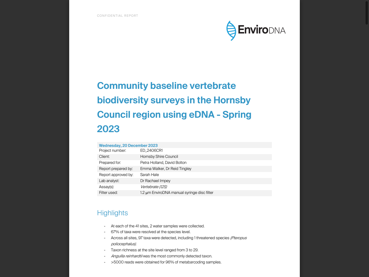 Preview of Community baseline vertebrate biodiversity surveys in the Hornsby Council region using environmental DNA (eDNA), accessed July 24, 2025