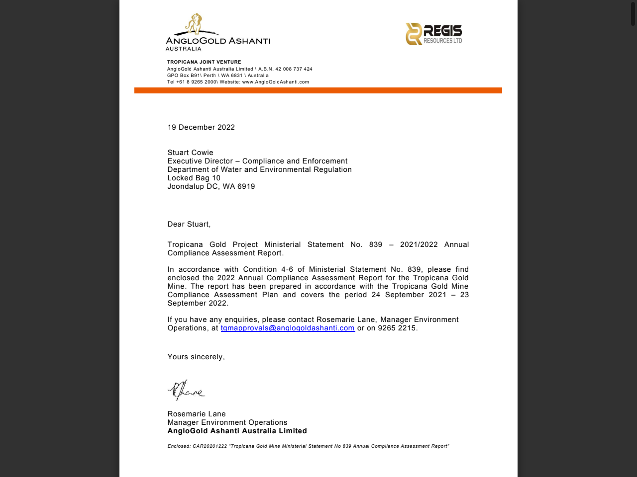 Preview of Tropicana Gold Project, Annual Compliance Assessment Report, Ministerial Statement No. 839 (24 September 2021 – 23 September 2022)