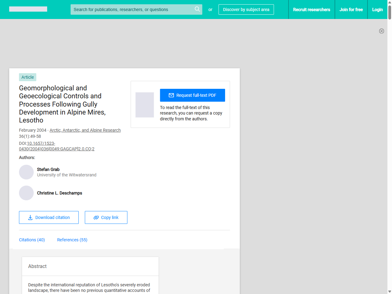 Preview of Geomorphological and Geoecological Controls and Processes Following Gully Development in Alpine Mires, Lesotho | Request PDF - ResearchGate, accessed on May 29, 2025,