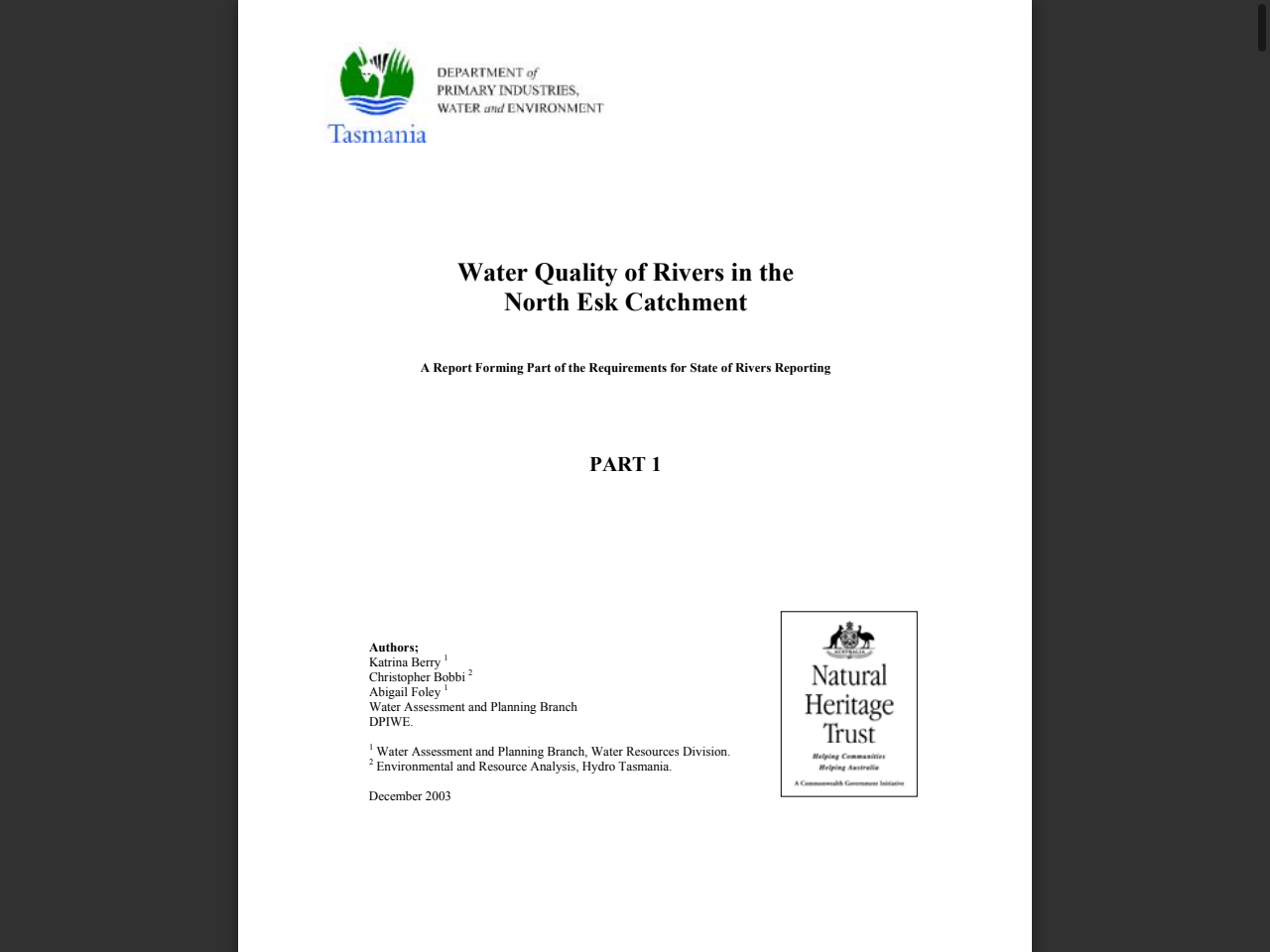 Preview of North Esk Water Quality Study - Part 1