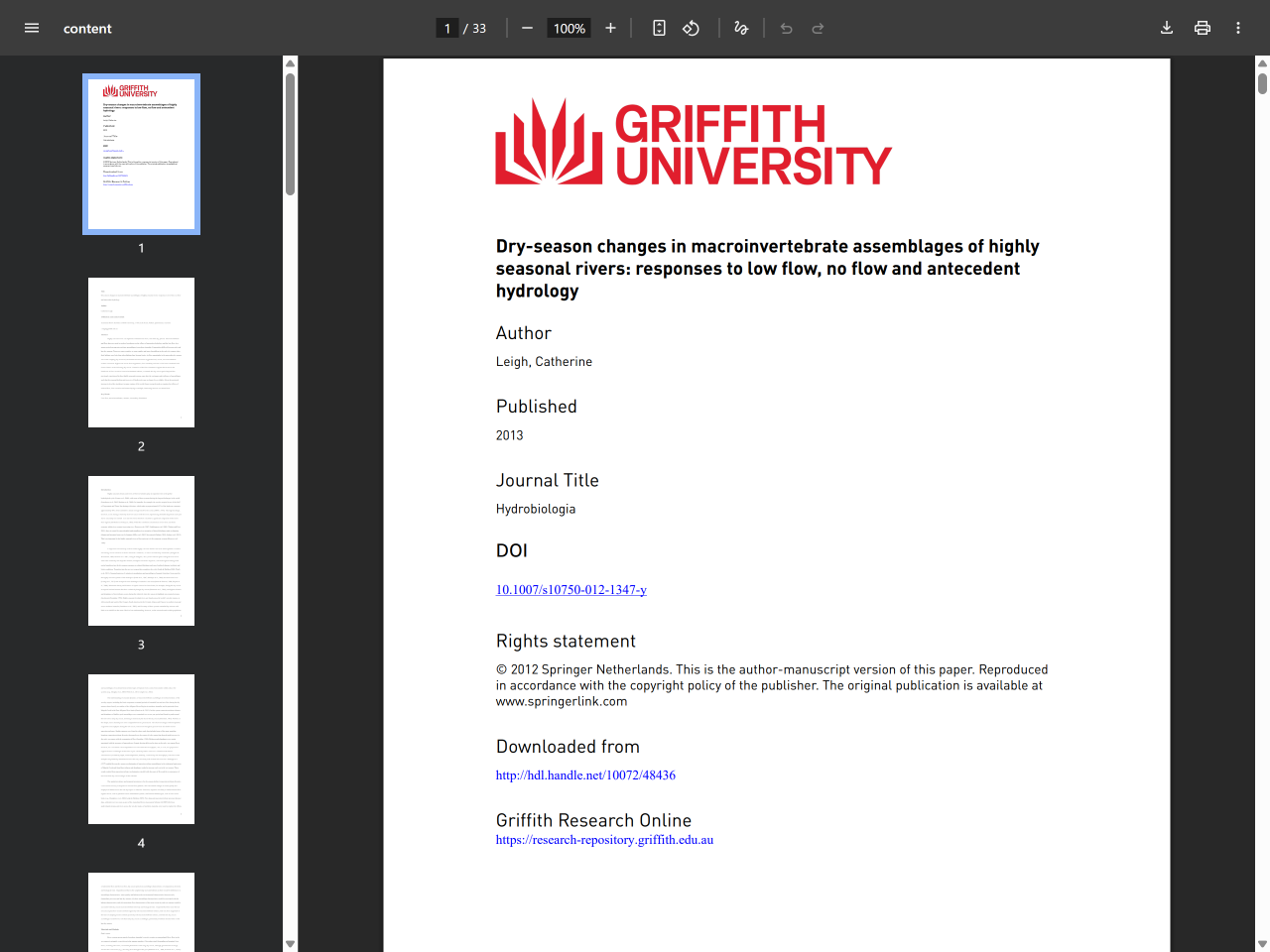Preview of Dry-season changes in macroinvertebrate assemblages of highly seasonal rivers - Griffith Research Online