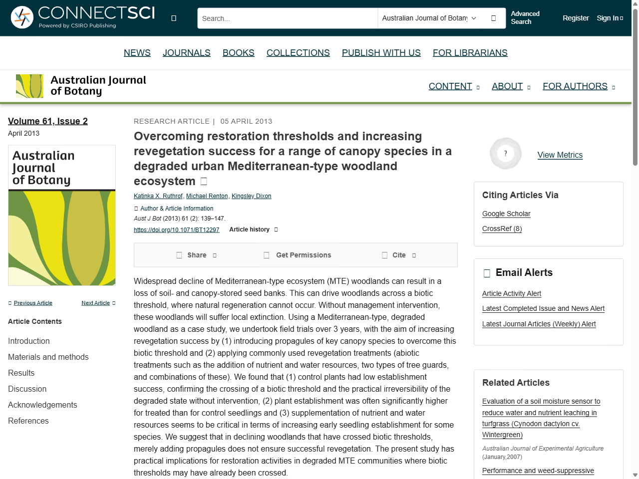 Preview of Overcoming restoration thresholds and increasing revegetation success for a range of canopy species in a degraded urban Mediterranean-type woodland ecosystem - CSIRO PUBLISHING | Australian Journal of Botany, accessed August 11, 2025,