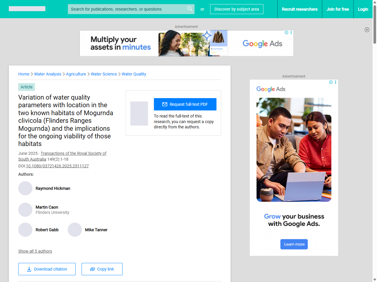 Preview of Variation of water quality parameters with location in the two known habitats of Mogurnda clivicola (Flinders Ranges Mogurnda) and the implications for the ongoing viability of those habitats