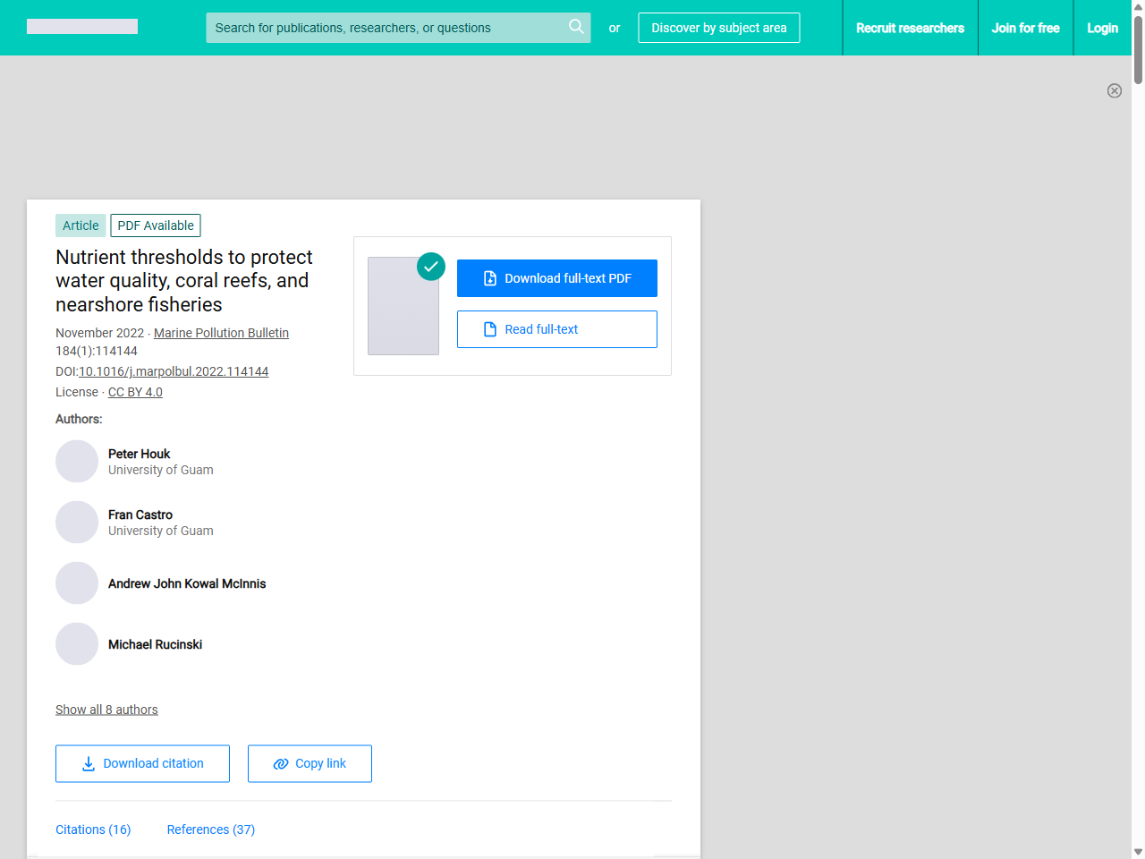 Preview of Houk, P., et al. (2022). Nutrient thresholds to protect water quality, coral reefs, and nearshore fisheries. Marine Pollution Bulletin, 184, 114131.