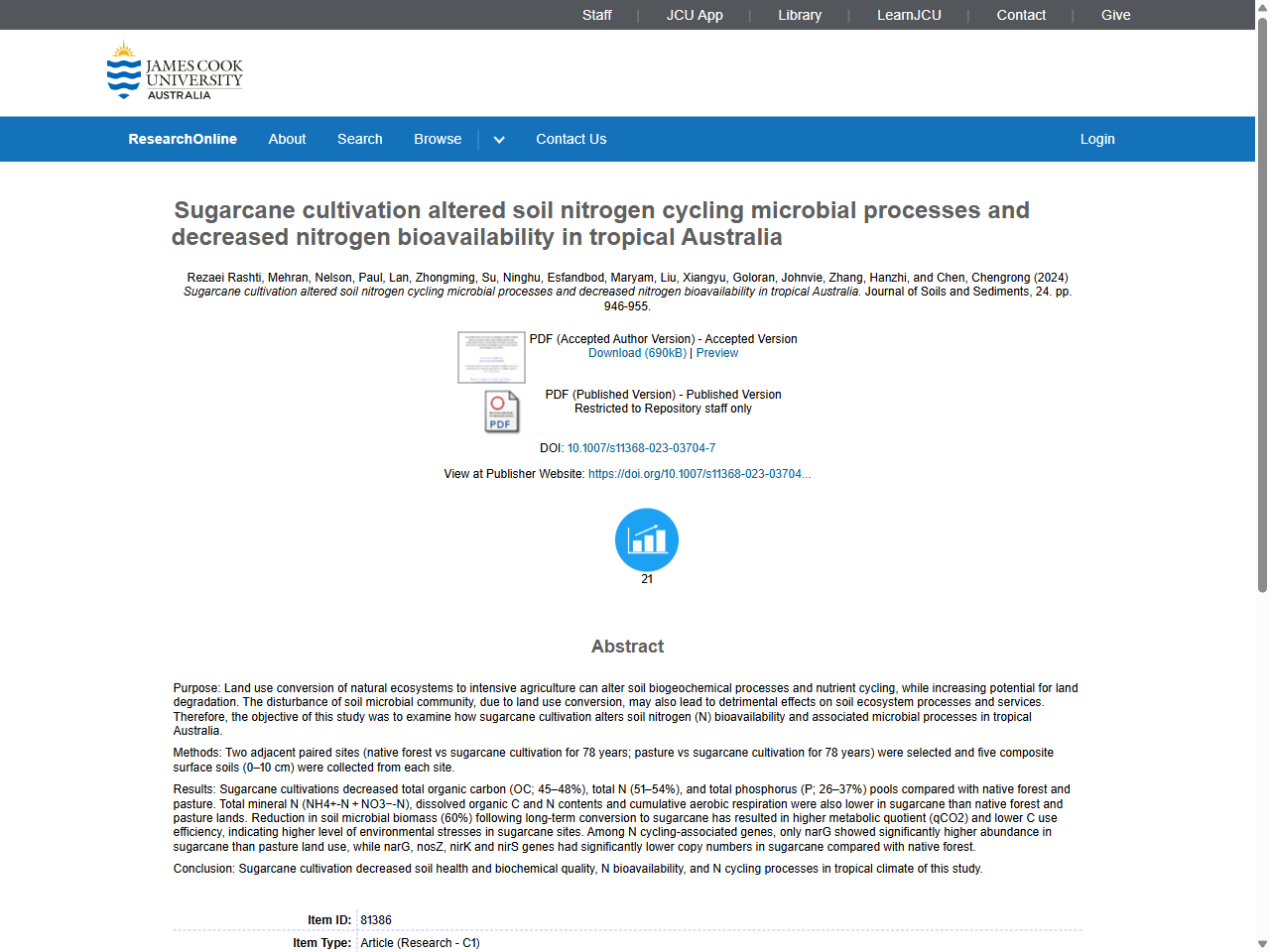 Preview of Sugarcane cultivation altered soil nitrogen cycling microbial processes and decreased nitrogen bioavailability in tropical Australia - ResearchOnline@JCU