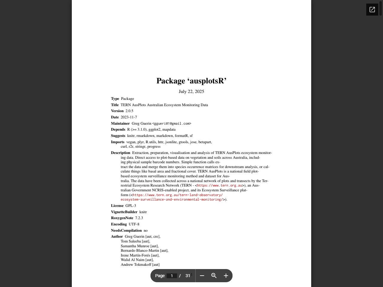 Preview of ausplotsR: TERN AusPlots Australian Ecosystem Monitoring Data - The Comprehensive R Archive Network, accessed July 15, 2025