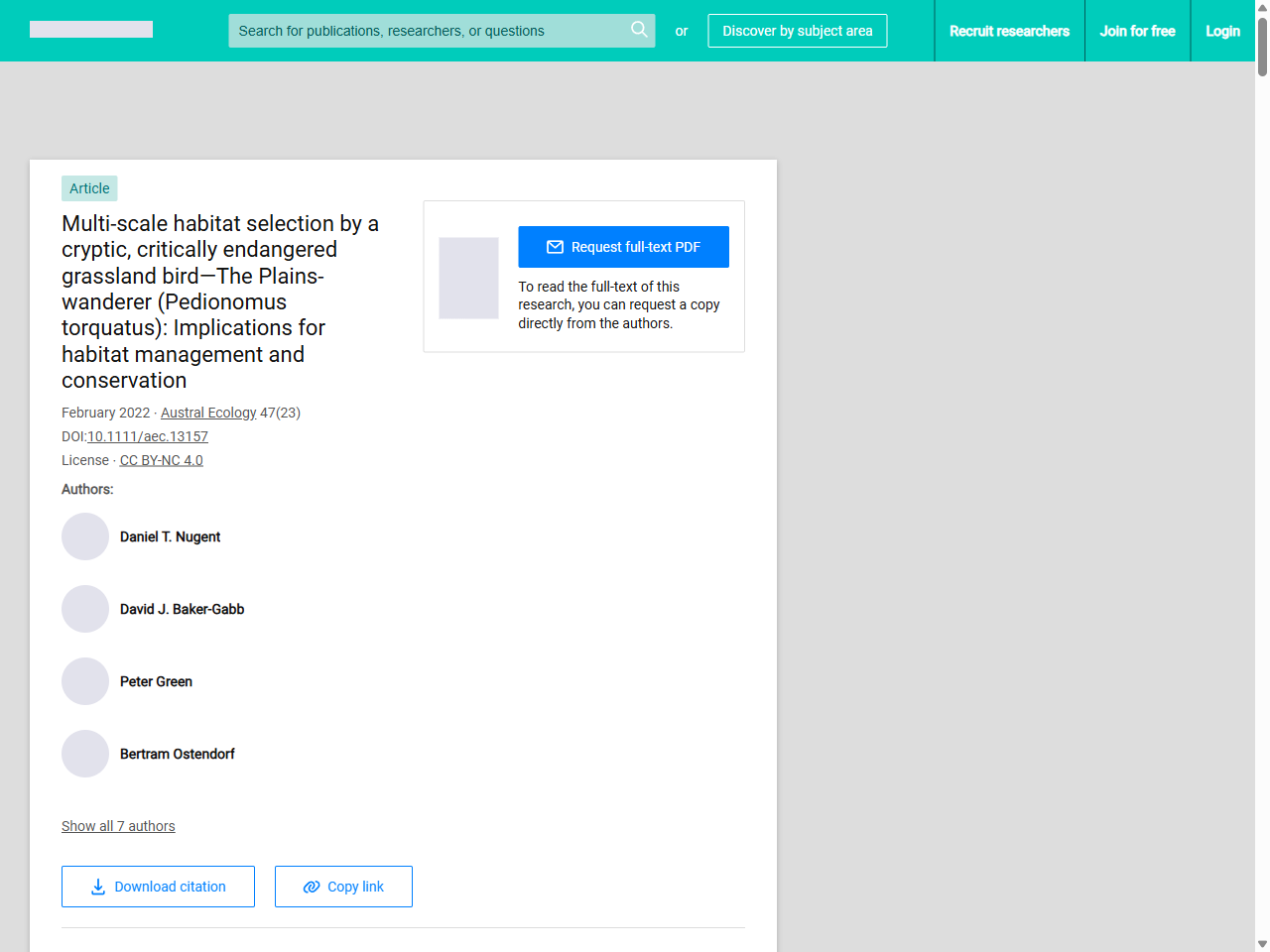 Preview of Nugent, D. R., Baker-Gabb, D. J., Green, P., Leonard, S. W. J., & Morgan, J. W. (2022). Multi-scale habitat selection by a cryptic, critically endangered grassland bird—The Plains-wanderer (Pedionomus torquatus): Implications for habitat management and conservation. Austral Ecology, 47(2), 285-299.