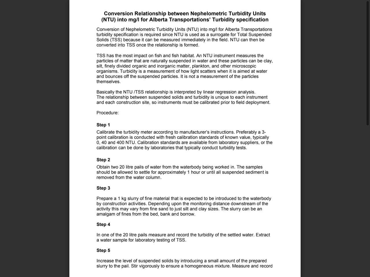 Preview of The conversion of Nephelometric Turbidity Units (NTU) into mg/l for Alberta Transportations turbidity specification is required