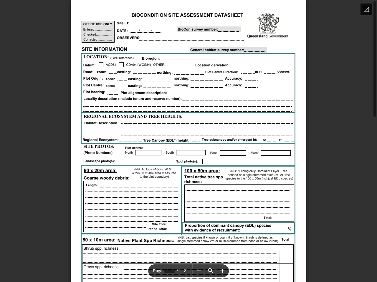 Preview of BIOCONDITION SITE ASSESSMENT DATASHEET SITE INFORMATION 50 x 10m area - BioCollect, accessed August 3, 2025, 