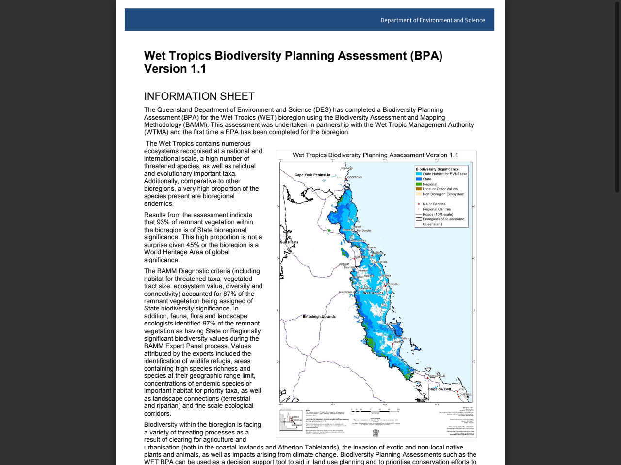 Preview of A Biodiversity Planning Assessment for the Wet Tropics Bioregion: Summary Report. Version 1.1. - Queensland Government, accessed July 23, 2025