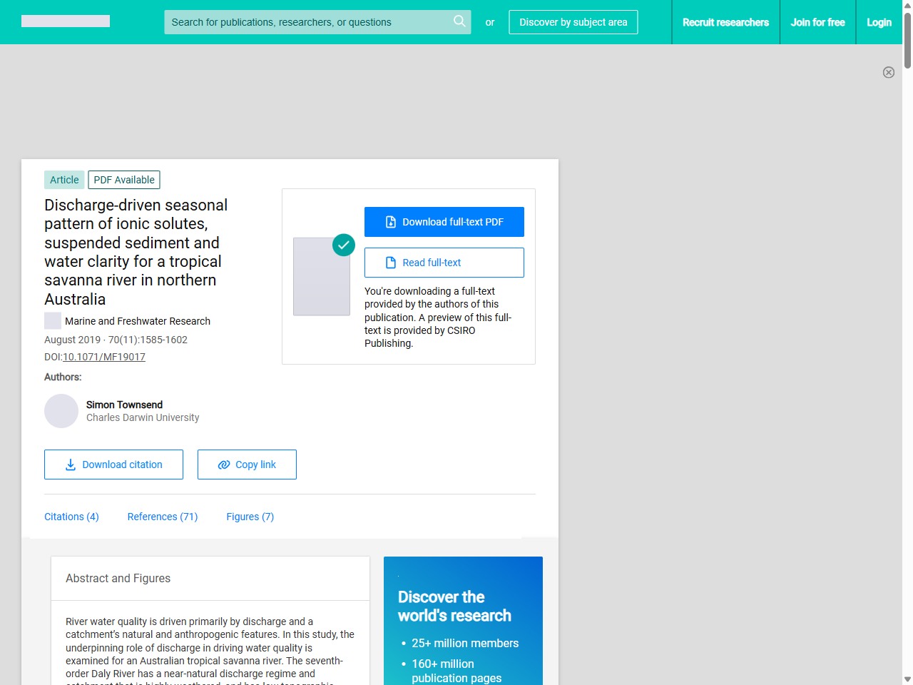 Preview of (PDF) Discharge-driven seasonal pattern of ionic solutes, suspended sediment and water clarity for a tropical savanna river in northern Australia - ResearchGate, accessed May 14, 2025, 