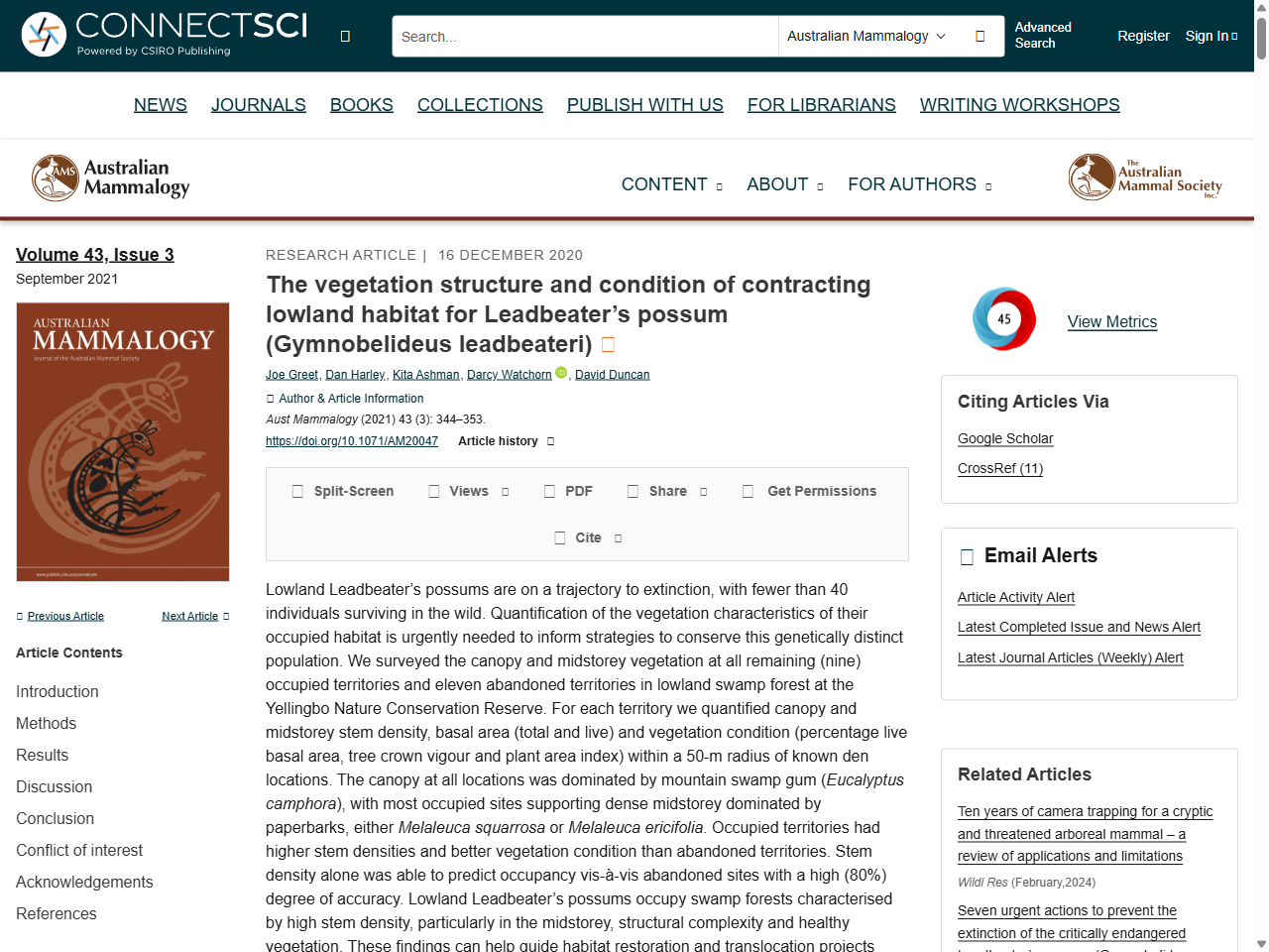 Preview of The vegetation structure and condition of contracting lowland habitat for Leadbeater's possum (Gymnobelideus leadbeateri) - CSIRO PUBLISHING | Australian Mammalogy