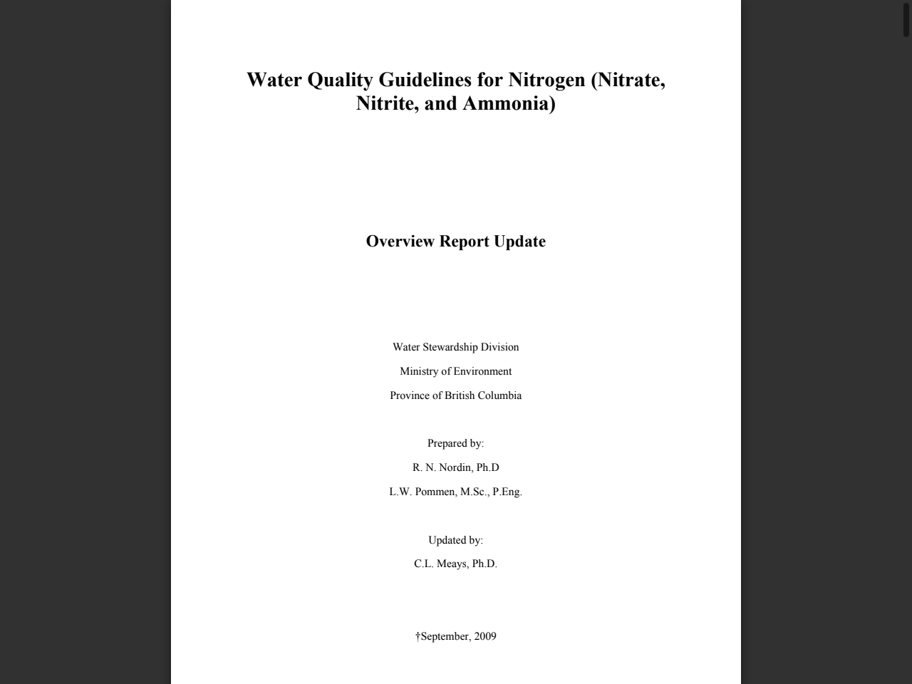 Preview of Water Quality Guidelines for Nitrogen (Nitrate, Nitrite, and Ammonia) - Gov.bc.ca, accessed August 10, 2025,