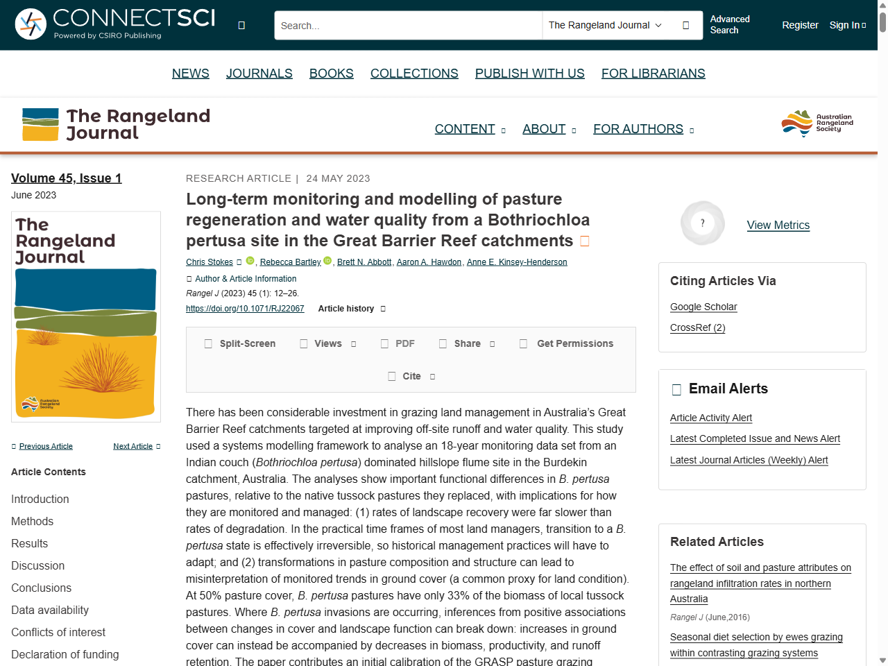 Preview of Long-term monitoring and modelling of pasture regeneration and water quality from a Bothriochloa pertusa site in the Great Barrier Reef catchments - CSIRO PUBLISHING | The Rangeland Journal, accessed July 15, 2025,