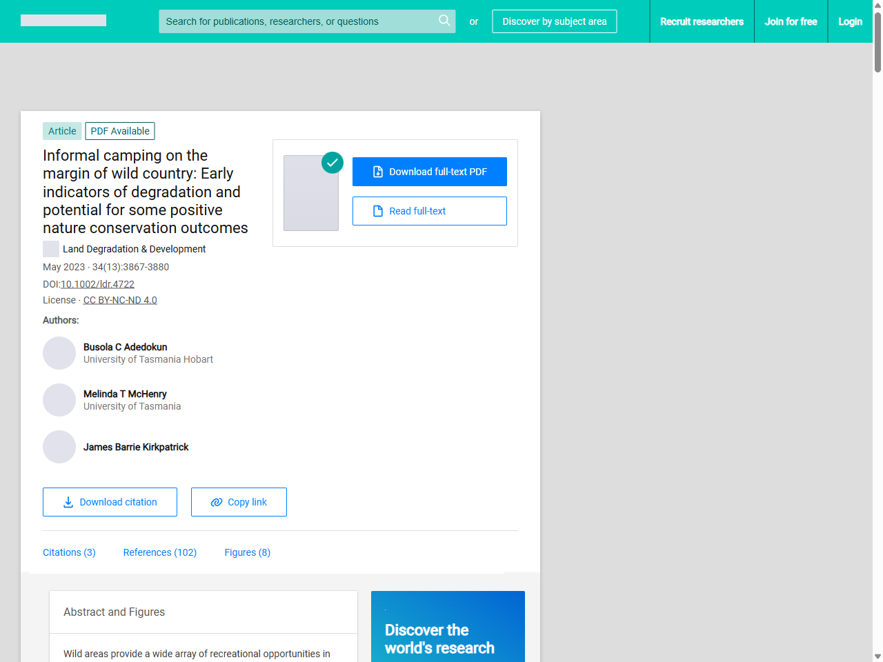 Preview of (PDF) Informal camping on the margin of wild country: Early indicators of degradation and potential for some positive nature conservation outcomes - ResearchGate, accessed March 28, 2026,