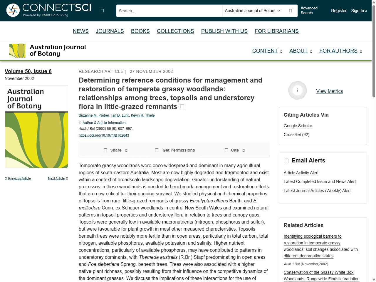 Preview of Determining reference conditions for management and restoration of temperate grassy woodlands: relationships among trees, topsoils and understorey flora in little-grazed remnants - CSIRO PUBLISHING | Australian Journal of Botany, accessed August 12, 2025, 