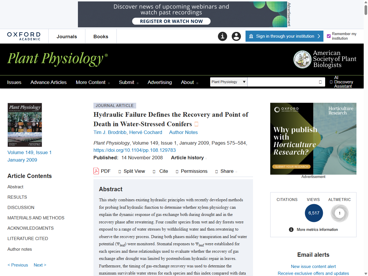 Preview of Hydraulic Failure Defines the Recovery and Point of Death in Water-Stressed Conifers | Plant Physiology | Oxford Academic
