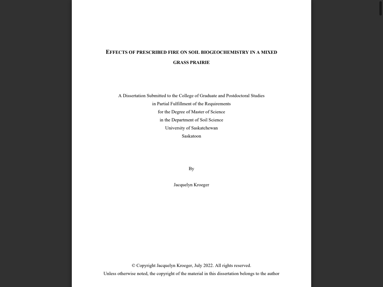 Preview of EFFECTS OF PRESCRIBED FIRE ON SOIL BIOGEOCHEMISTRY IN A MIXED GRASS PRAIRIE A Dissertation Submitted to the College of Graduate - HARVEST (uSask)