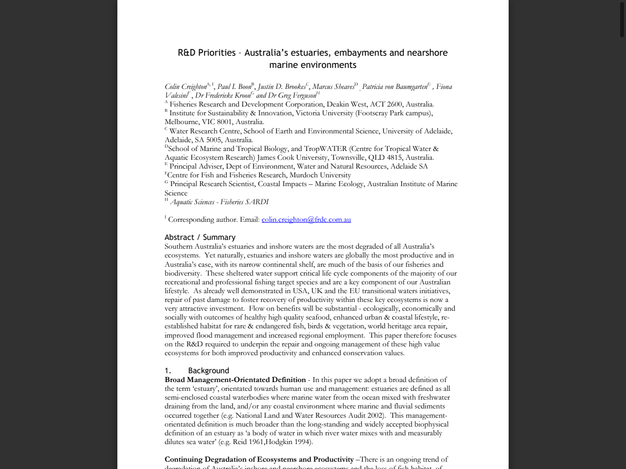 Preview of Brodie, J., Pearson, R., Lewis, S., Bainbridge, Z., Waterhouse, J. and Prange, J. (2009) Water Quality Research: Baseline Synthesis and Year 1 Summary - ResearchOnline@JCU - James Cook University, accessed July 24, 2025