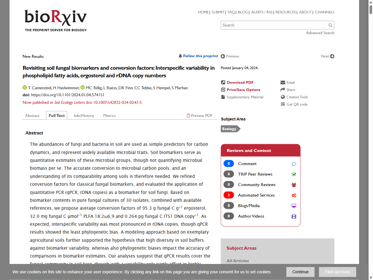 Preview of Revisiting soil fungal biomarkers and conversion factors: Interspecific variability in phospholipid fatty acids, ergosterol and rDNA copy numbers | bioRxiv, accessed on June 5, 2025