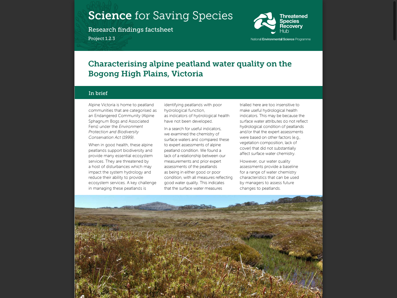 Preview of Characterising alpine peatland water quality on the Bogong High Plains, Victoria - Threatened Species Recovery Hub