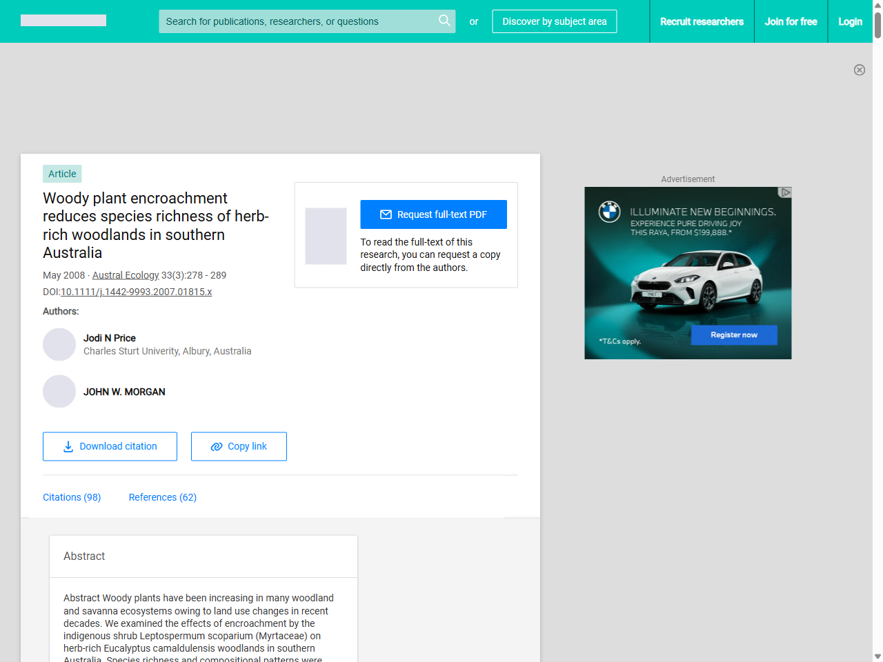 Preview of Price, J. N., & Morgan, J. W. (2008). Woody plant encroachment reduces species richness of herb-rich woodlands in southern Australia. Austral Ecology, 33(3), 278-289.