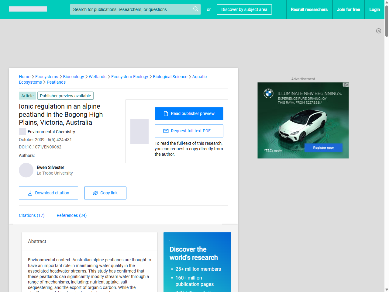 Preview of Ionic regulation in an alpine peatland in the Bogong High Plains ...