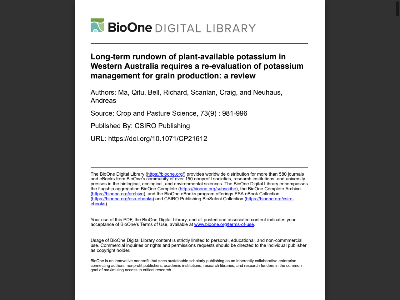 Preview of Long-term rundown of plant-available potassium in Western Australia requires a re-evaluation of potassium management for grain p - BioOne Complete, accessed August 11, 2025,