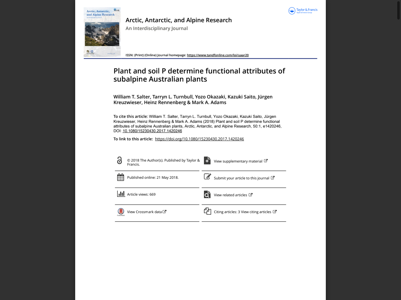 Preview of Scherrer, P., & Pickering, C. M. (2006). Rehabilitation of a Walking Track in Kosciuszko National Park. Arctic, Antarctic, and Alpine Research. 28