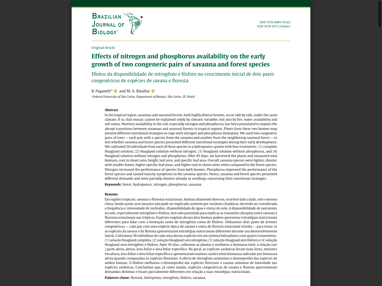 Preview of Effects of nitrogen and phosphorus availability on the early growth of two congeneric pairs of savanna and forest species - SciELO
