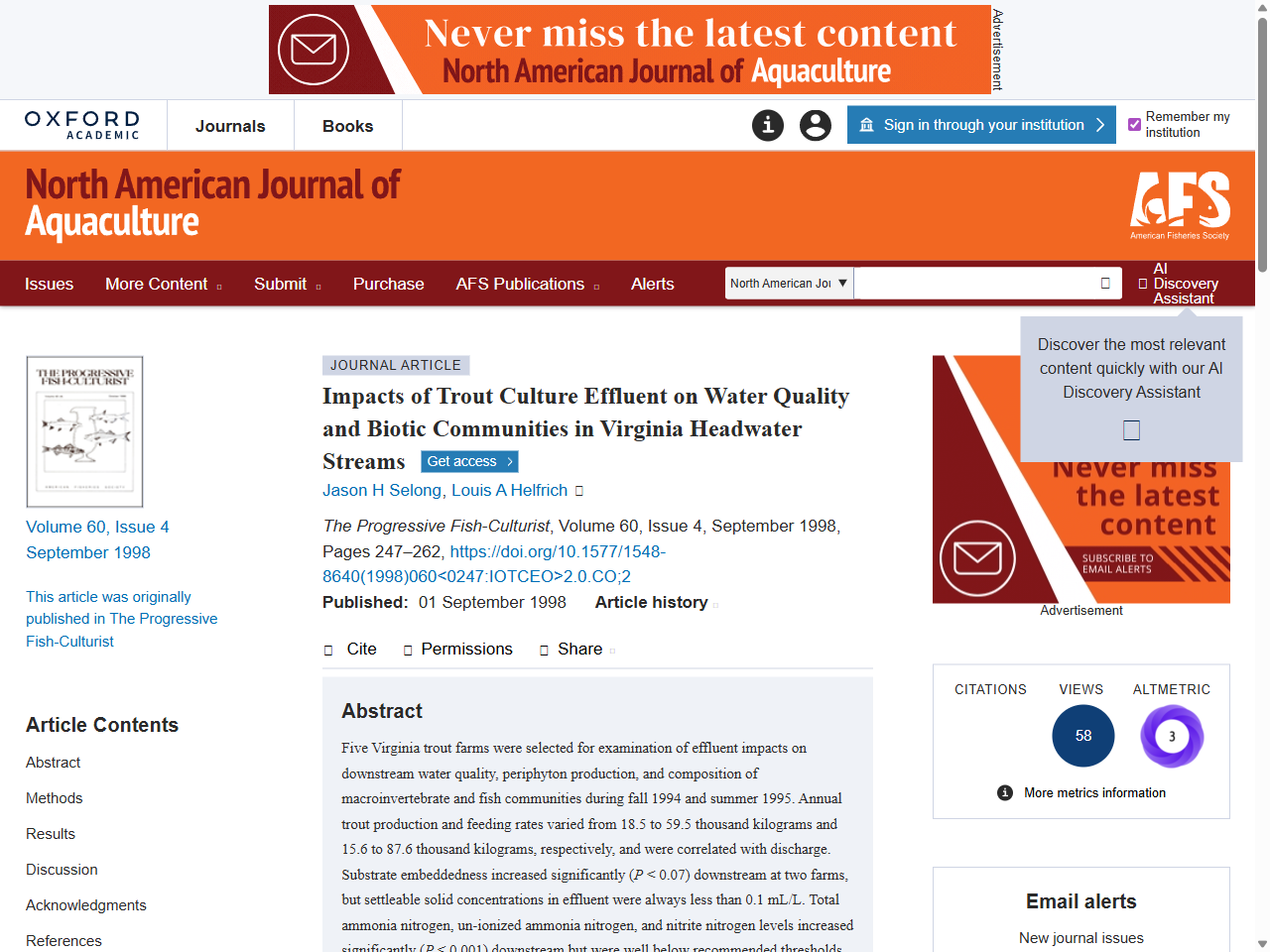 Preview of Impacts of Trout Culture Effluent on Water Quality and Biotic Communities in Virginia Headwater Streams | North American Journal of Aquaculture | Oxford Academic, accessed August 17, 2025,