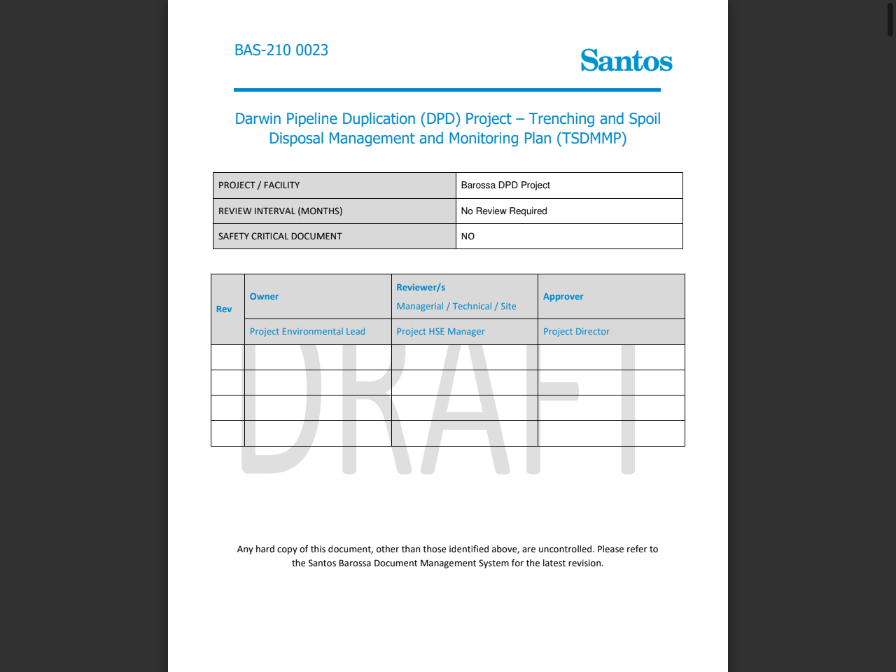 Preview of BAS-210 0023 Darwin Pipeline Duplication (DPD) Project – Trenching and Spoil Disposal Management and Monitoring Plan (TSDMMP) - Santos