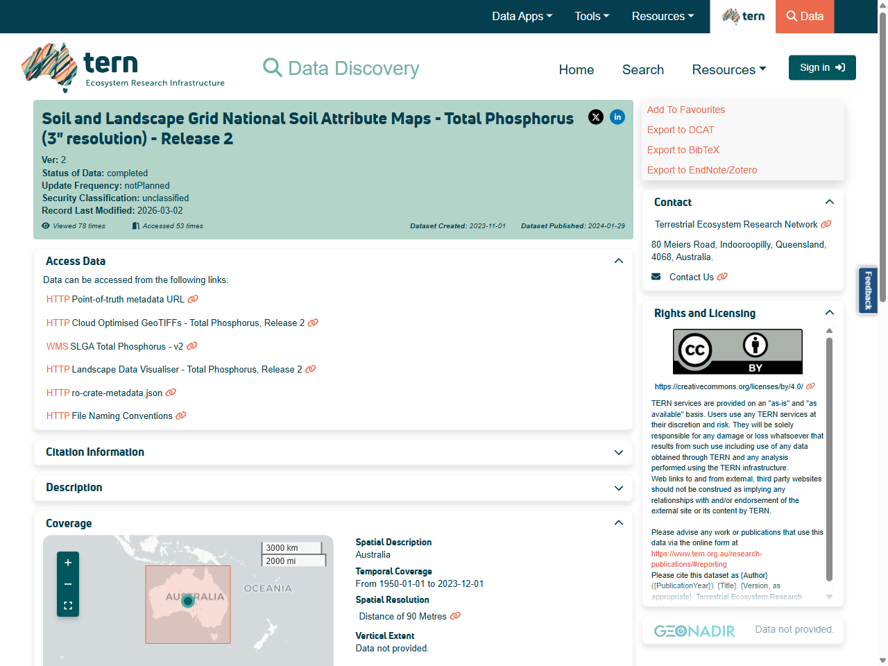 Preview of Soil and Landscape Grid National Soil Attribute Maps - Available Phosphorus (3" resolution) - TERN Data Discovery Portal, accessed August 1, 2025