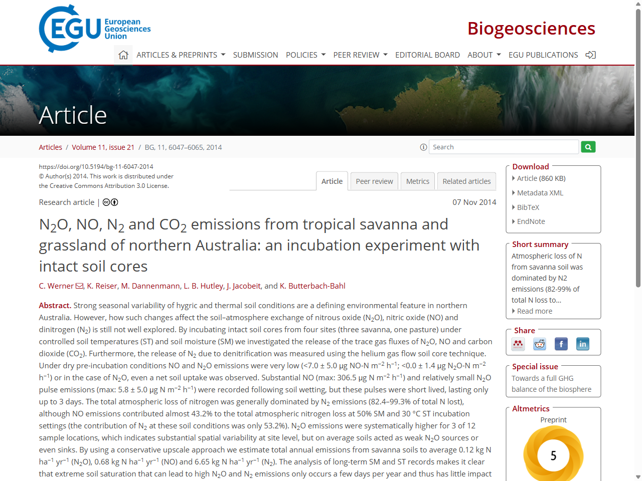 Preview of N2O, NO, N2 and CO2 emissions from tropical savanna and grassland of northern Australia: an incubation experiment with intact soil cores - BG