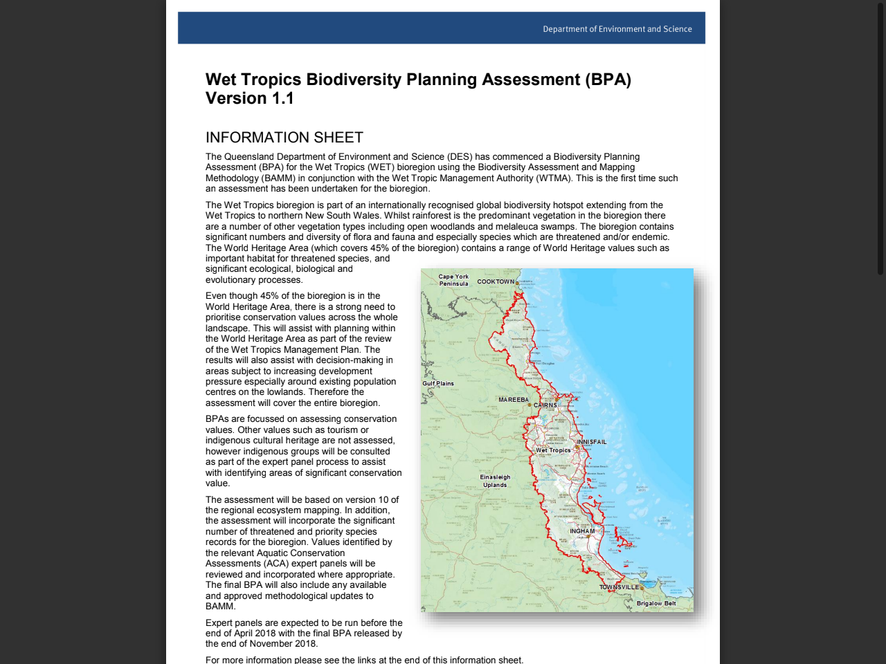 Preview of Wet Tropics Biodiversity Planning Assessment (BPA) Version 1.1 - Information Sheet - Queensland Government, accessed July 23, 2025