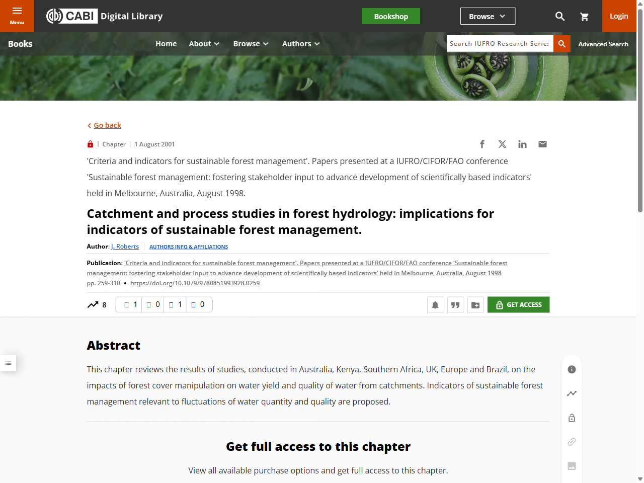 Preview of Catchment and Process Studies in Forest Hydrology: Implications for Indicators of Sustainable Forest Management - CABI Digital Library, accessed July 22, 2025,