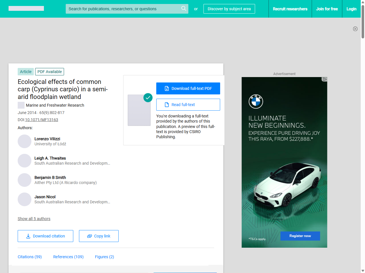 Preview of Ecological effects of common carp (Cyprinus carpio) in a semi-arid floodplain wetland, accessed July 16, 2025,