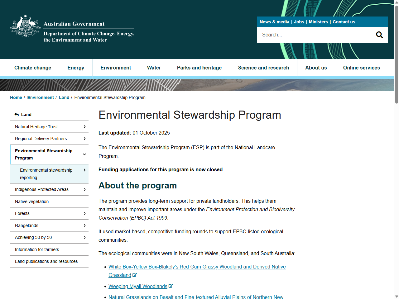 Preview of Environmental Stewardship Program (ESP) - DCCEEW, accessed August 6, 2025,