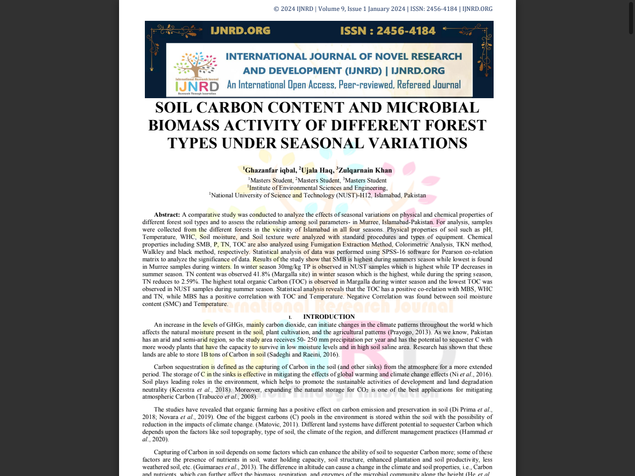 Preview of SOIL CARBON CONTENT AND MICROBIAL BIOMASS ACTIVITY OF DIFFERENT FOREST TYPES UNDER SEASONAL VARIATIONS - IJNRD, accessed on June 7, 2025,