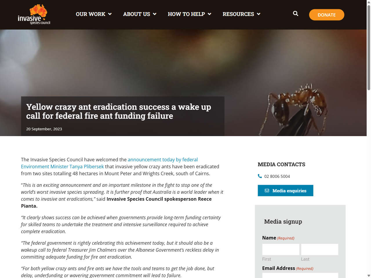 Preview of Yellow Crazy Ant eradication success a wake up call for federal fire ...