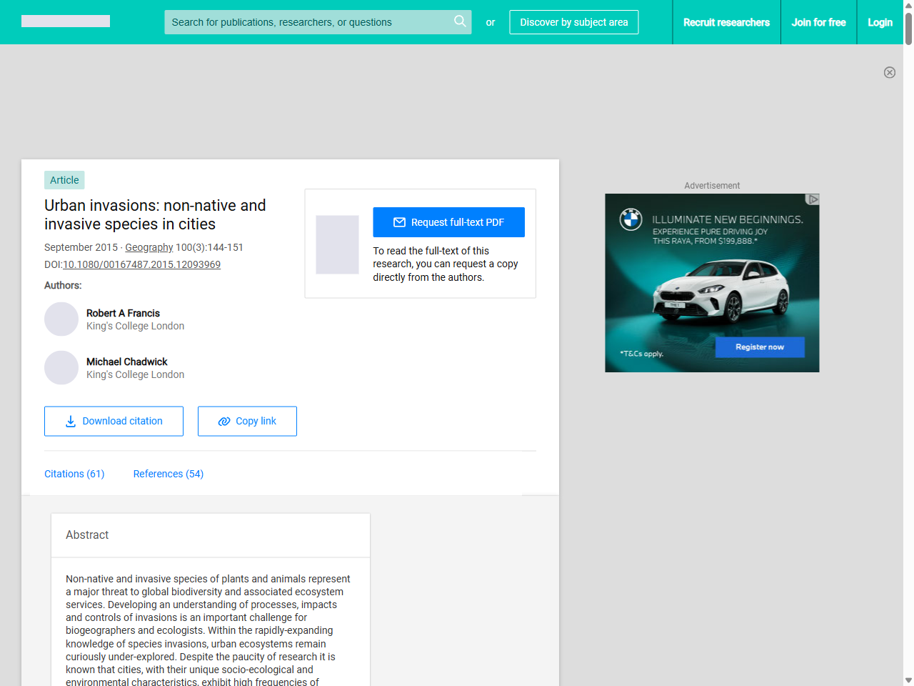 Preview of Urban invasions: non-native and invasive species in cities | Request PDF - ResearchGate, accessed July 13, 2025